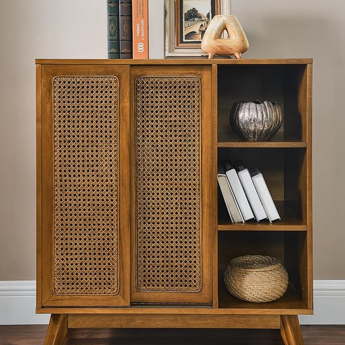 Ball & Cast 32" Mid Century Modern Rattan Sideboard Cabinet with 2 Sliding Doors, Buffet Cabinet w/Adjustable Shelf & Solid Wood Legs for Entryway, Living Room, Kitchen,Dining Room, Light Walnut