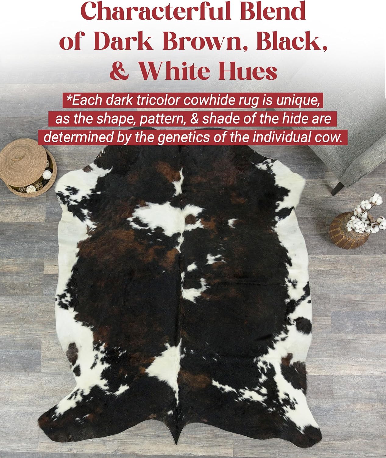 Natural Cowhide Rug for Home & Office Premium Dark Tricolor Cowhide Rug with Unique Dark Brown, Black & White Patterns- Cow Hide Rugs Made with Tanned Leather - Cow Hide Rugs 6x6-7 ft