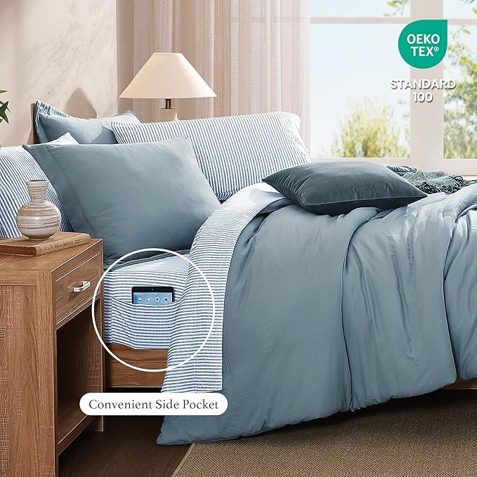 Monbix Full Size Comforter Set - 7 Pieces Dusty Blue Prewashed Bed in a Bag Full Bedding Sets with Comforters, All Seasons Ultra Soft Comforter Bed Set with Sheets,Pillowcases & Shams