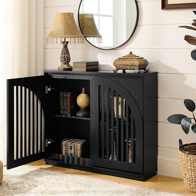 KEIKI 39" Mid Century Modern Fluted Sideboard Cabinet with Storage & Outlet Holes, Narrow Buffet Cabinet, Solid Wood + MDF, for Living Room, Entryway, Hallway, Kitchen, Coffee Bar, Black