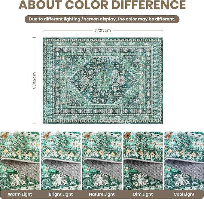 zesthome 5x7 Area Rugs - Ultra-Thin Washble Rug, Stain Resistant Anti Slip Backing Rugs for Living Room,Bedroom, Vintage Home Decor Area Rug(Green/Teal,5'x7')