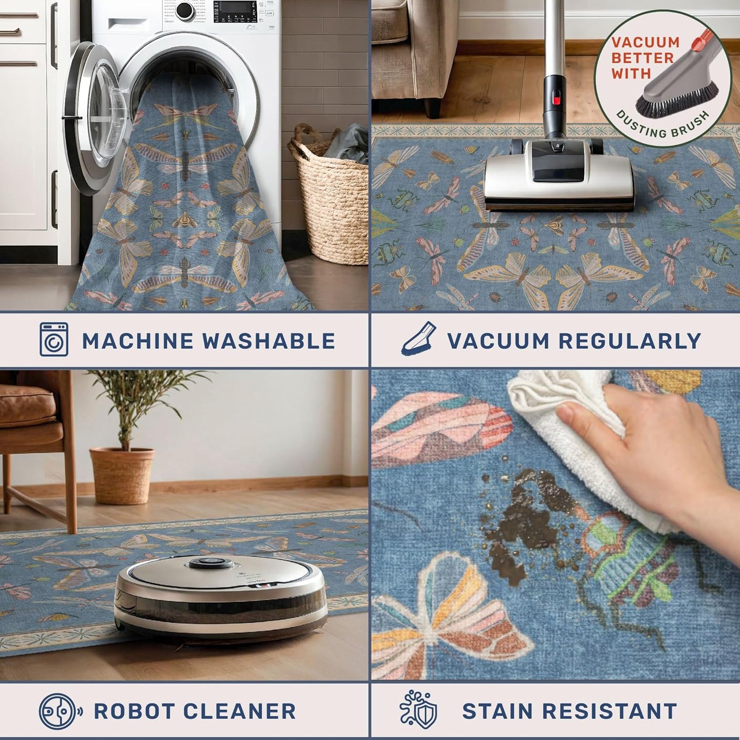 Washable Blue Rugs for Bedroom Bedside - 3x5 Laundry Room Rug for Large Kitchen, Entrance Indoor, Boho Insect Print Bug Décor, Non Slip Low Pile Fade Resistant