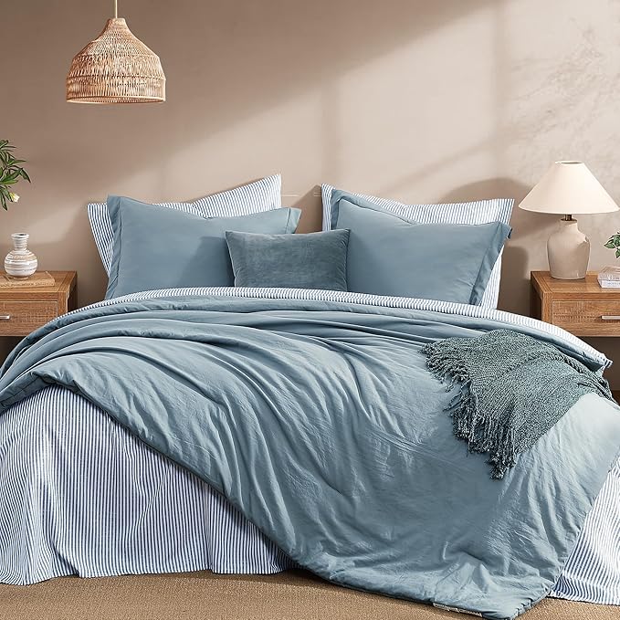 Monbix California King Size Comforter Set - 7 Pieces Dusty Blue Prewashed Bed in a Bag Bedding Sets with Comforters, All Seasons Ultra Soft Comforter Bed Set with Sheets, Pillowcases & Shams
