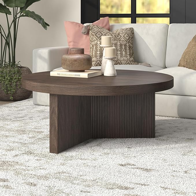Henn&Hart 36" Fluted Round Low-Profile Coffee Table with Ribbed Pedestal Base Living Room, Family Room, or Office, Warm Brown