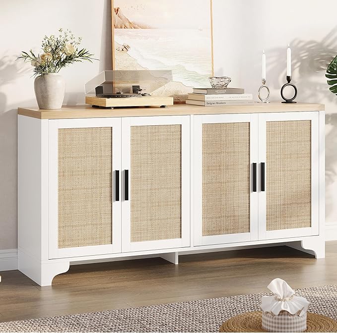 Garvee Natural Rattan Storage Cabinet with Shelves, 4-Door Sideboard Buffet Cabinet, Boho TV Stand Console Table for Living Room, Entryway, Dinning Room