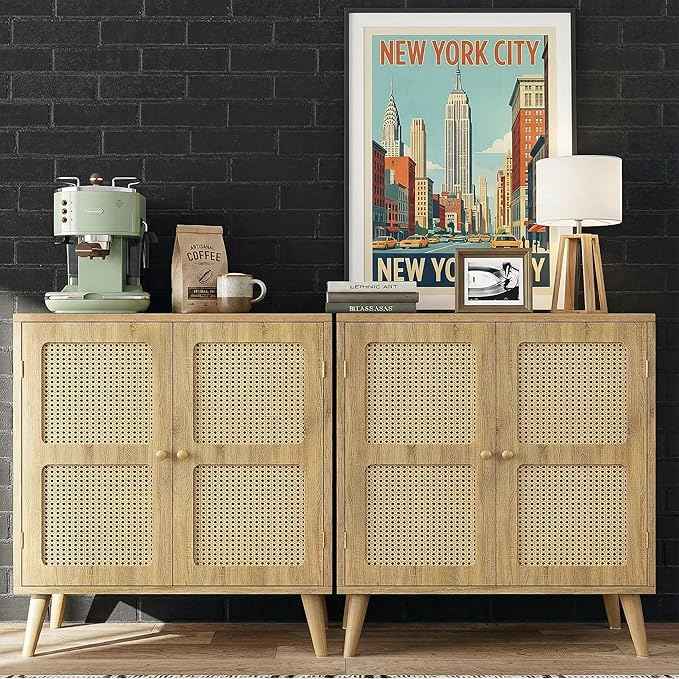 Rattan Sideboard Buffet Cabinet with Storage,Boho Credenza Accent Cabinet with 2 Magnetic Doors and Adjustable Shelves and Solid Wood Legs for Dining Room, Entryway, 31.5" x 15.8" x 34.6"