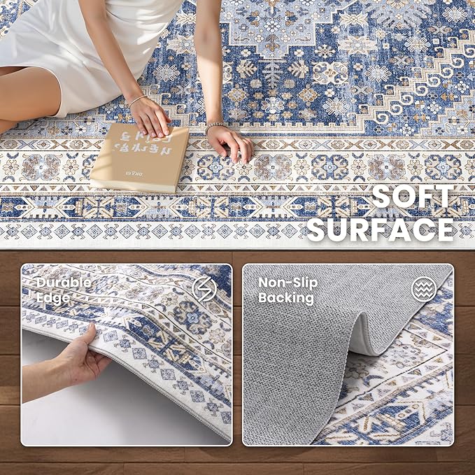 zesthome Washable Runner Rug 2.5x8 - Stain Resistant Entryway Rug,Ultra-Thin Kitchen Rugs, Anti Slip Backing Runner Rugs for Entrance Laundry Room Indoor Hallway (Blue/Beige,2.5'x8')