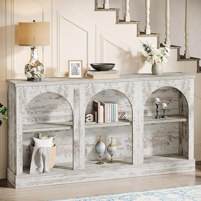 Tribesigns Farmhouse Console Table, 63-Inch Long Entryway Table with 3 Tier Storage, Wooden Rectangular Sofa Table Behind The Couch for Entrance, Hallway, Living Room, Distressed White