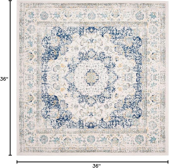 SAFAVIEH Evoke Collection Area Rug - 3' Square, Ivory & Blue, Shabby Chic Oriental Medallion Design, Non-Shedding & Easy to Clean, Ideal for Living Room, Bedroom, Dining Space (EVK220C)