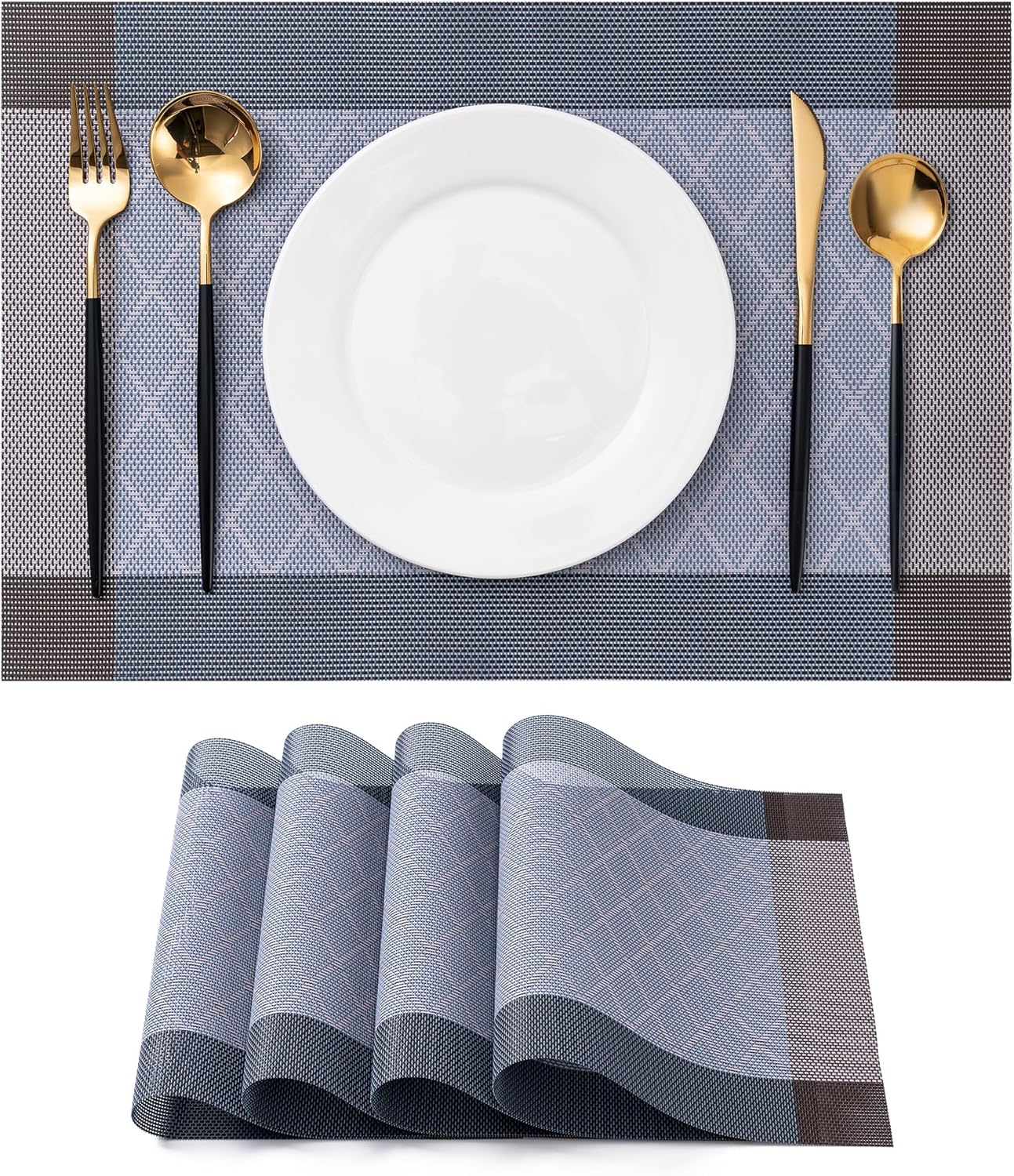 CADONO Placemats Set of 4 Washable Indoor/Outdoor Vinyl Place Mats for Dining Table Durable Non-Slip Heat Resistant PVC Weave Table Mats（Rhombus-Blue）