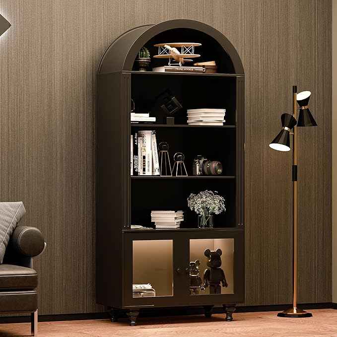 Wooden Arched Bookshelf,5-Tier Shelf,Farmhouse Storage Display Cabinet Etagere Bookcase, Large Bookshelf,Tall Open Storage Cabinet for Home Office Living Room&Kitchen(Black-Arched top)