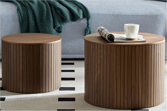 Round Coffee Table with Storage,19.17" Nesting Coffee Table Set of 2, Modern Accent End Table Set for Living Room, No Assembling, Side Table for Apartment,Office,Dorm (Walnut)