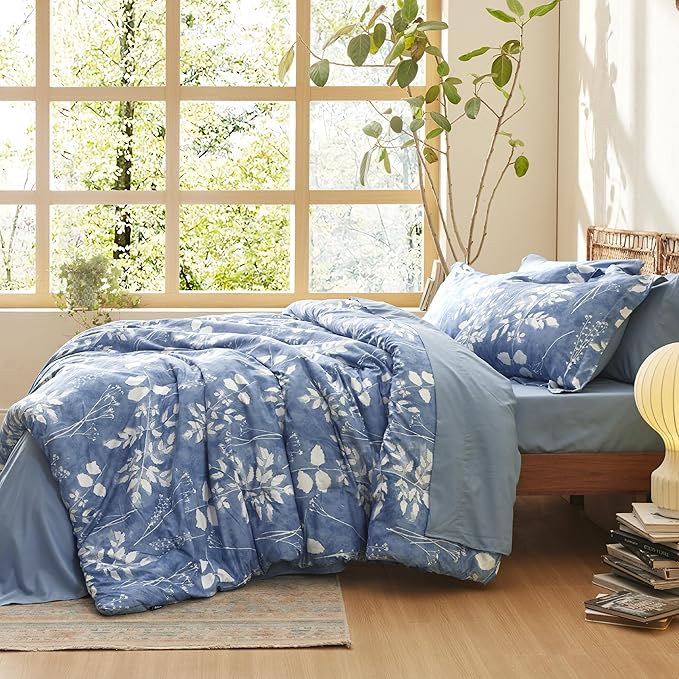 Bedsure Queen Comforter Set - 7 Pieces Floral Blue Soft Bedding Sets, Queen Bed in a Bag with Botanical Flowers Comforter, Sheets, Pillowcases & Shams