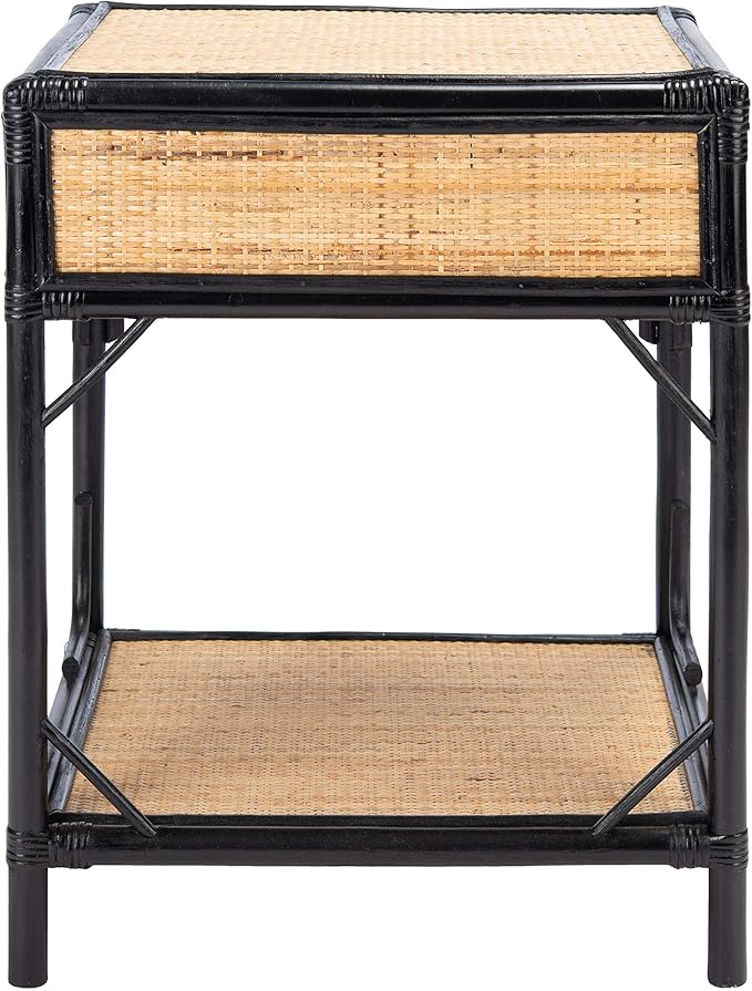 SAFAVIEH Home Collection – Roya Black & Natural Nightstand with Drawer & Shelf, Coastal Accent Table, Bamboo-Style Frame & Rattan Drawer (NST4005D)