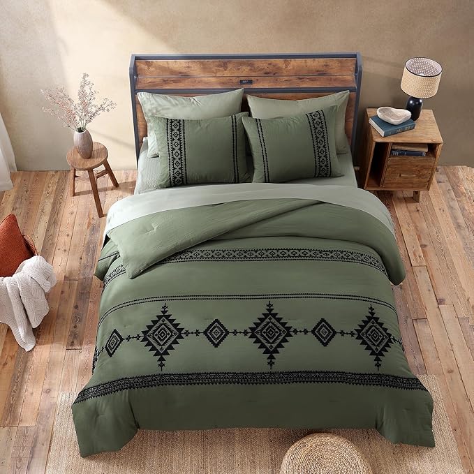 MaiRêve Super King Plus Comforter Set Dark Olive Green, Embroidery Western Boho Bedding Set 7 Pieces, All Season Farmhouse Bed in A Bag Comforter Set with Sheets, Pillowcases & Shams
