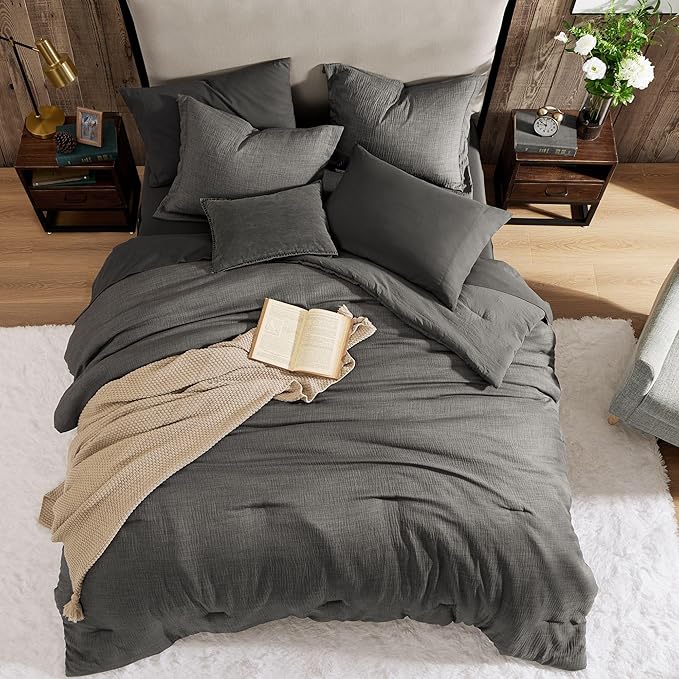 Geniospin Queen Comforter Set - 7 Pieces Comforter Queen Size, Solid Bedding Set for All Season, Textured Bed in a Bag with Flat Sheet and Fitted Sheet, Pillowcases and Shams (Grey, 90''x90'')