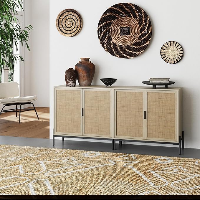 Nathan James Andrew Bohemian TV Stand or Kitchen Sideboard Credenza, Rattan Accent Cabinet with Metal Legs, Light Oak/Matte Black, Set of 2