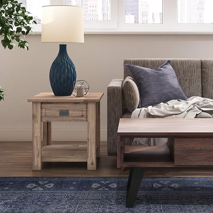 SIMPLIHOME Monroe End Table - 22 inch Wide Solid Acacia Wood Side Table in Rustic Natural Aged Brown, Farmhouse Accent Table for Living Room or Bedroom with Drawer and Shelf