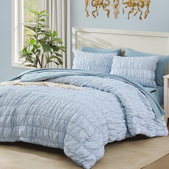 King Comforter Set - 7 Pieces Blue Classic Puff Floral Bedding Sets for All Seasons, Shabby Chic Farmhouse Bed in a Bag King with Wildflowers Fluffy Comforter, Sheets, Pillowcases & Shams