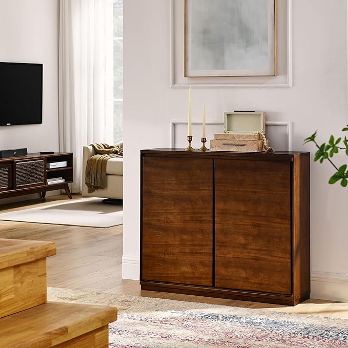 Ball & Cast 39″ Narrow Sideboard Cabinet with 2 Doors and 2 Outlet Holes, Mid Century Modern Credenza & Buffet Storage Cabinet for Living Room, Entryway,Kitchen Coffee Bar & Hallway, Walnut