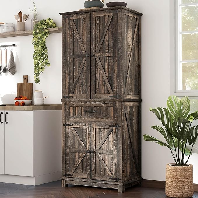 DWVO 72" Tall Farmhouse Pantry Cabinet, Kitchen Storage Pantry with Barn Doors & Drawer, Versatile Organizer with Adjustable Shelves, Rustic Cupboard for Dining Room, Living Room, Dark Rustic Oak