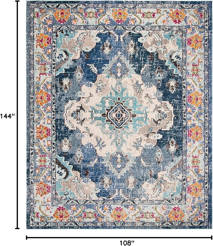 SAFAVIEH Monaco Collection Area Rug - 9' x 12', Navy & Light Blue, Non-Shedding & Easy to Clean, Distressed Medallion Design, Ideal for Living Room, Bedroom, Dining Space (MNC243N)