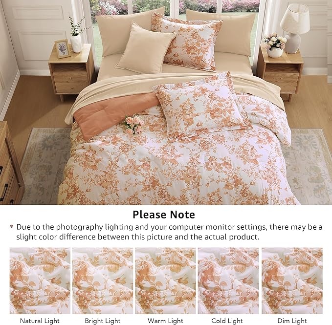 Queen Comforter Set -7 Pieces Autumn Leaf Floral Comforter Set for All Seasons, Bed in a Bag Queen with Botanical Flowers Comforter, Sheets, Pillowcases & Shams
