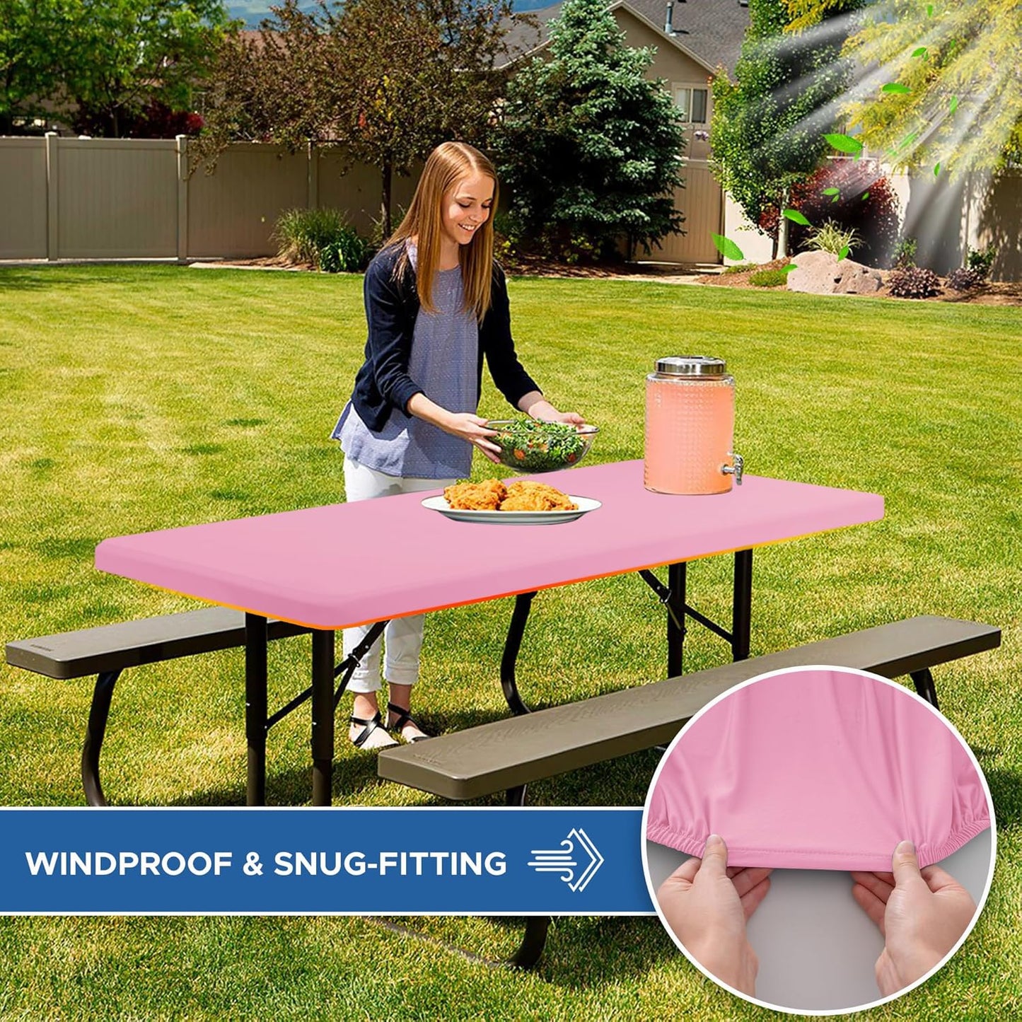 Fitted Tablecloth for 8 Foot Rectangle Tables-6 Pack Pink Elastic Outdoor Picnic Table Cover-Spandex Stretch Folding Table Cloths 8ft for Camping Dining Room Patio Kitchen Banquet Party
