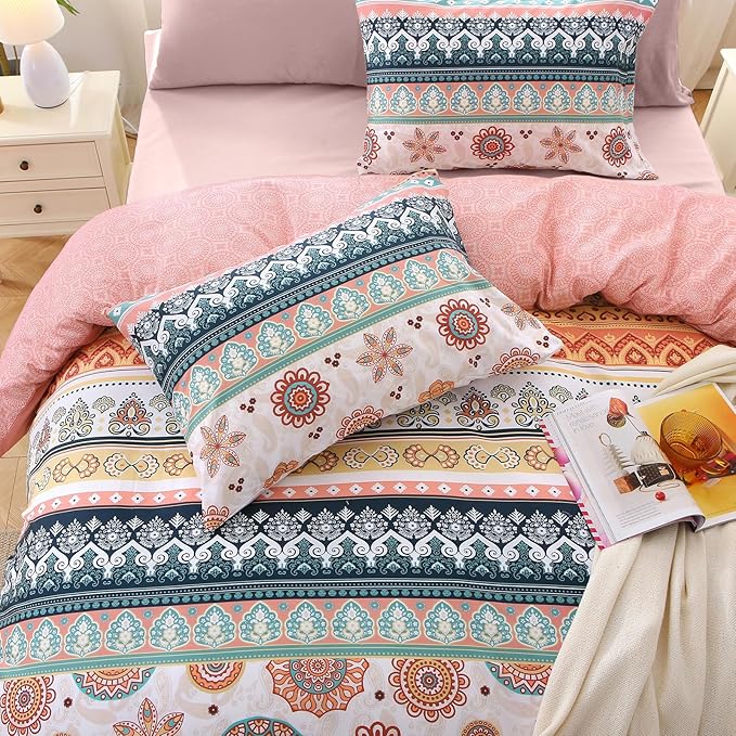 MUXHOMO Bed in a Bag King 7 Pieces, King Comforter Set Reversible Bohemian Botanical Flowers Design, Ultra Soft & Breathable Bedding Sets with Comforter, Sheets, Pillowcases & Shams