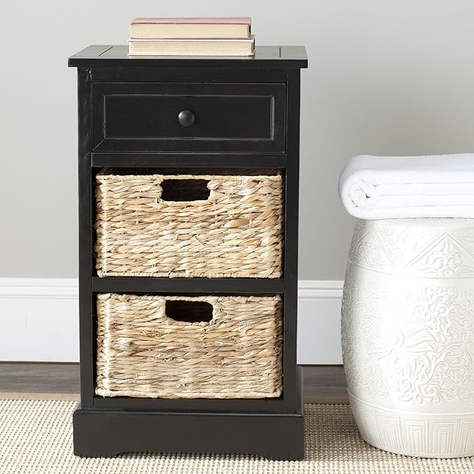 SAFAVIEH Home Collection Carrie Distressed Black/ Natural Wicker 3-Drawer Storage Nightstand Side Table (Fully Assembled)