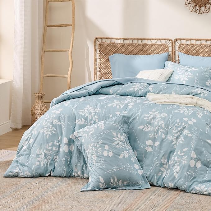 Bedsure Sky Blue King Comforter Set - 7 Pieces Floral Bedding Sets, King Bed in a Bag with Reversible Botanical Flowers Comforter, Sheets, Pillowcases & Shams