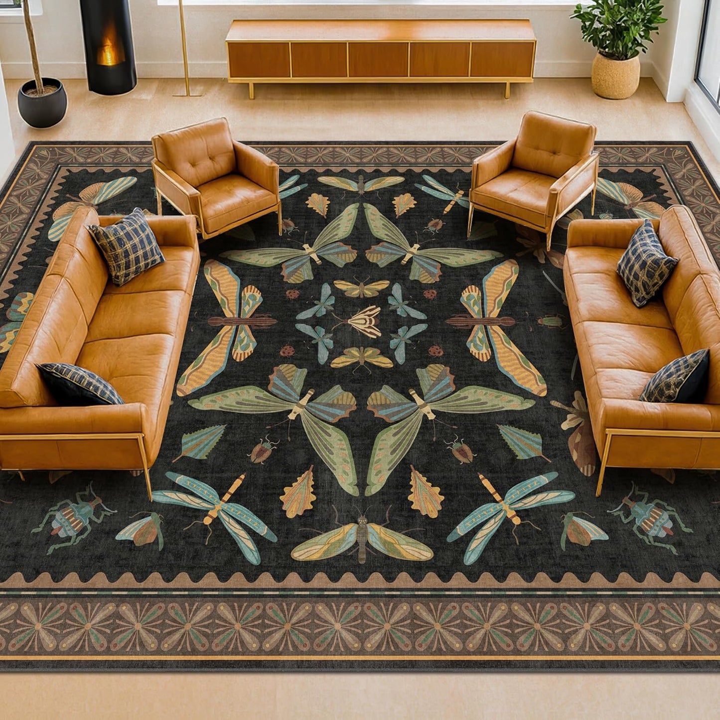 Big Black Area Rug for Living Room - Washable 10x14 Area Rug, Dining Room Rugs for Under Table, Soft Low Pile for Large Bedroom - Insect Witch Dark Moody Bug Decor, Non-Slip & Stain Resistance