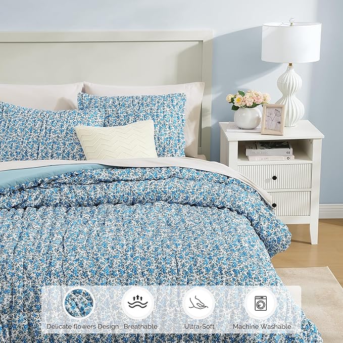 Full Size Comforter Sets - 7 Pieces Puff Blue Floral Bedding Set for All Seasons, Shabby Chic Farmhouse Bed in a Bag Full with Floral Comforter, Sheets, Pillowcases & Shams