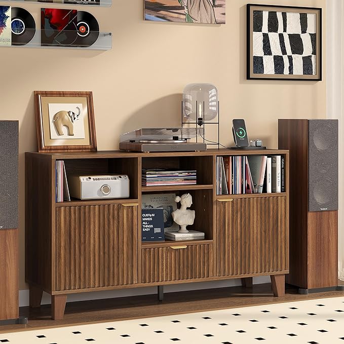 Large Round Record Player Stand with Vinyl Record Storage & Charging Station, Modern Turntable Cabinet with Power Outlet and USB Ports for Living Room and Bedroom (Walnut)