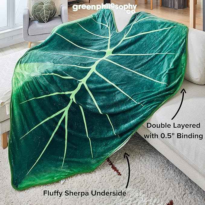 Green Philosophy Co. Regal Shield Alocasia Giant Leaf Shaped Blanket Monstera Flannel Throw Soft Cozy Breathable Lightweight and Decorative Leaves Design Gift for Plant Lovers Bed Sofa and Couch