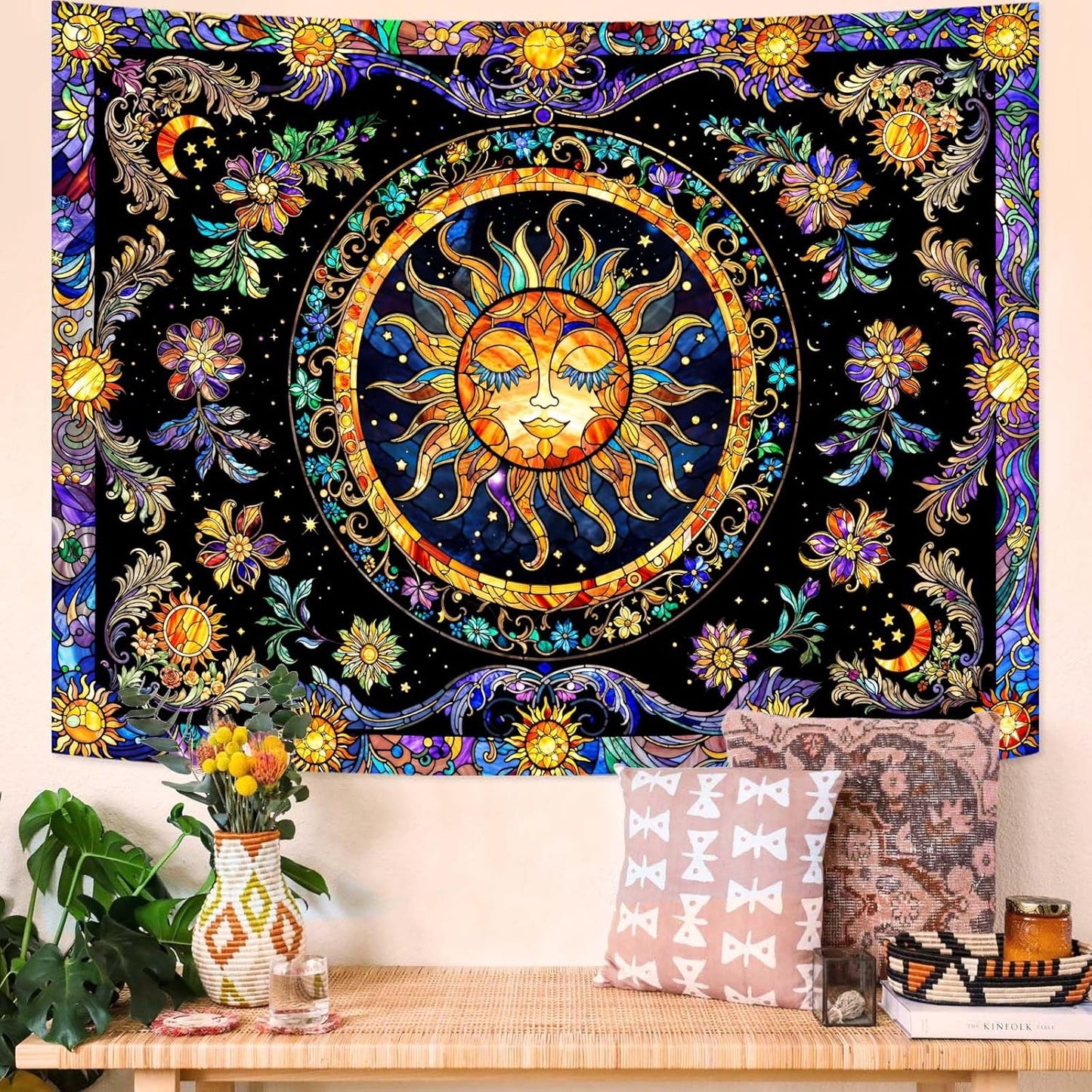 Lunerfex Sun Tapestry Stained Glass Tapestry Wall Decor Tapestries for Bedroom Boho Tapestries Wall Hanging for Bedroom Living Room Glass-Sun-01 44"x60"