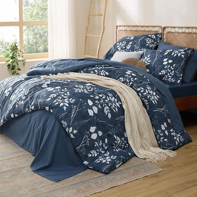 Bedsure Navy Oversized Queen Comforter Set - 7 Pieces Floral Bedding Sets Oversized Queen Bed in a Bag with Reversible Botanical Flowers Comforter, Sheets, Pillowcases & Shams
