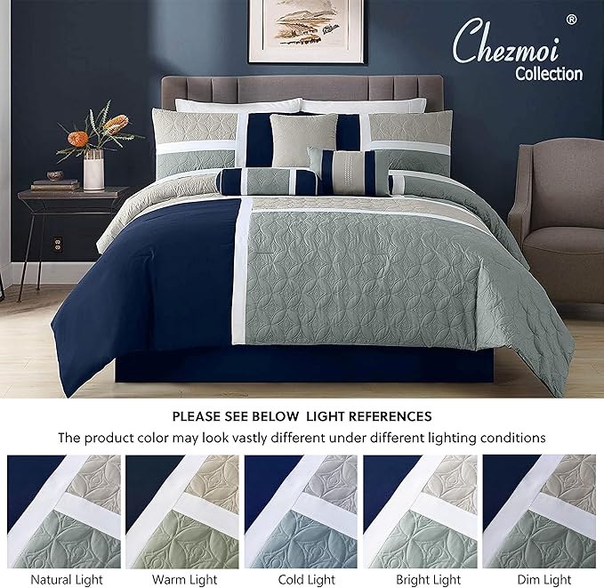 Chezmoi Collection Upland 7-Piece Quilted Patchwork Comforter Set, Navy/Blue/Gray, Queen