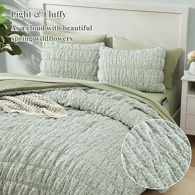 Full Size Comforter Sets-7 Pieces Puff Sage Green Floral Bedding Set for All Seasons, Shabby Chic Farmhouse Bed in a Bag Full with Floral Comforter, Sheets, Pillowcases & Shams