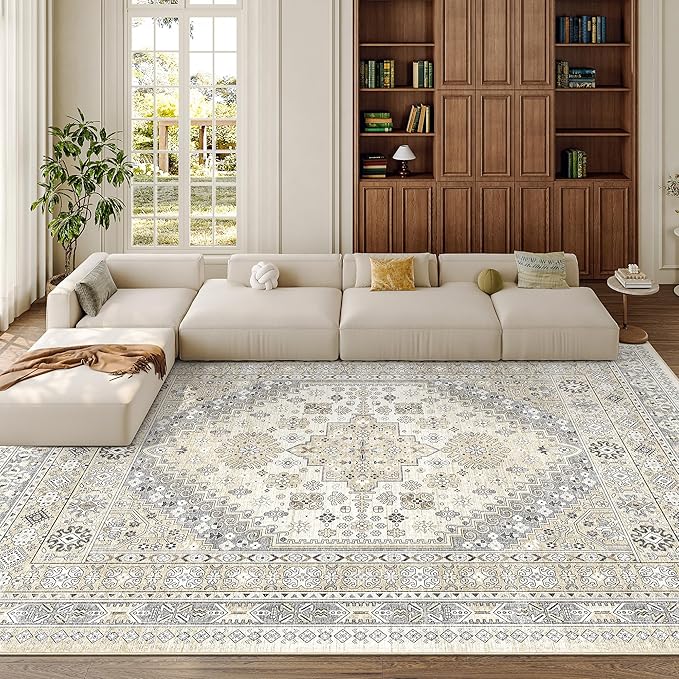 zesthome 8x12 Area Rugs,Stain Resistant Washable Rug,Ultra-Thin Rugs for Living Room,Bedroom,Non-Slip Backing Home Decor Large Area Rug (Beige,8'x12')