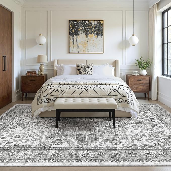 zesthome 5x7 Area Rugs - Ultra-Thin Washble Rug, Stain Resistant Anti Slip Backing Rugs for Living Room,Bedroom, Vintage Home Decor Area Rug (Grey/White,5'x7')
