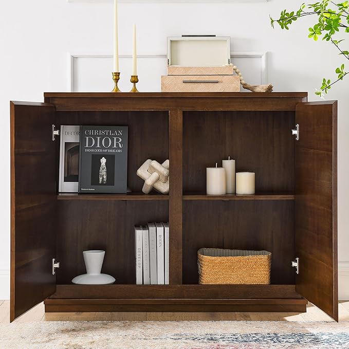 Ball & Cast 39″ Narrow Sideboard Cabinet with 2 Doors and 2 Outlet Holes, Mid Century Modern Credenza & Buffet Storage Cabinet for Living Room, Entryway,Kitchen Coffee Bar & Hallway, Walnut