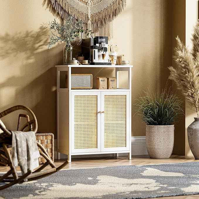 HITNET Bamboo Cabinet, Rattan Storage Cabinet with Doors, Freestanding Floor Cupboard for Bathroom, Living Room, Hallway, White