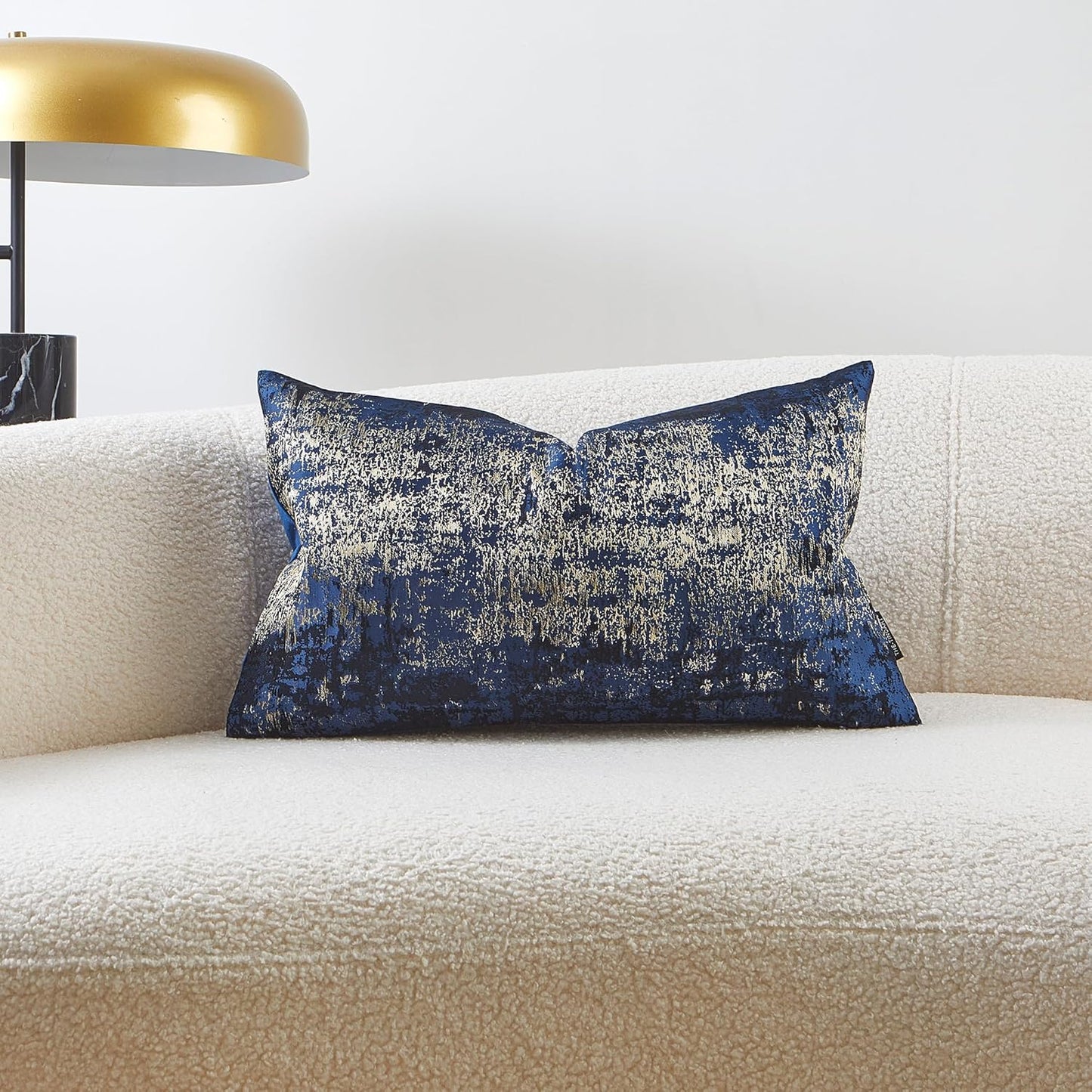 THE-TINOART Navy Gold Jacquard Pillow Cover 12x20 - Reversible Design with Gold Thread Embroidery, Luxury Velvet Back for Sofa & Bed Decor