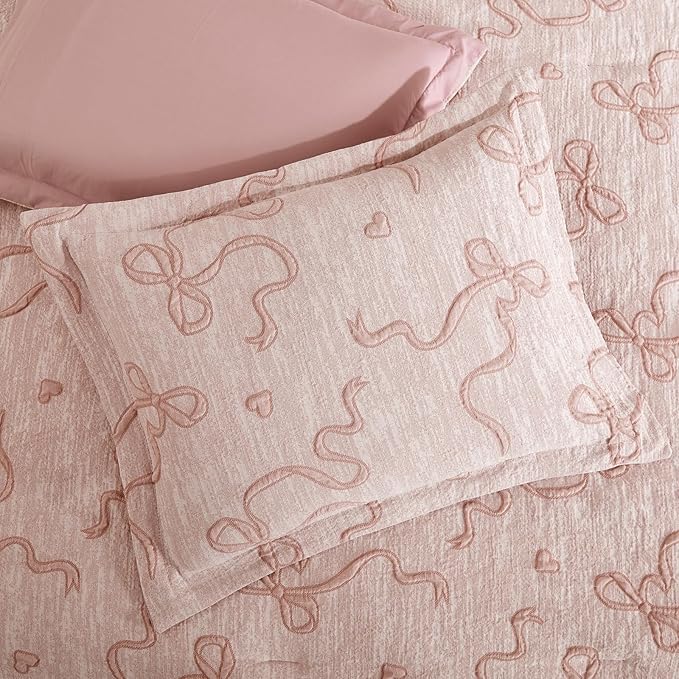 Geniospin Pink Queen Comforter Set for Girls- 7 Pieces Bowknot Jacquard Bed in A Bag Queen Bedding Sets with Sheets, Pillowcases & Shams, All Season Kids Comforter Set