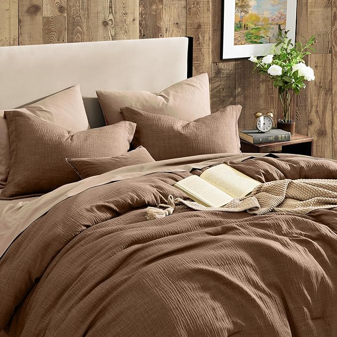 Geniospin King Comforter Set - 7 Pieces Comforter King Size, Soft Solid Bedding Set for All Season, Textured Bed in a Bag with Sheets, Pillowcases & Shams(Brown, 102''x90'')