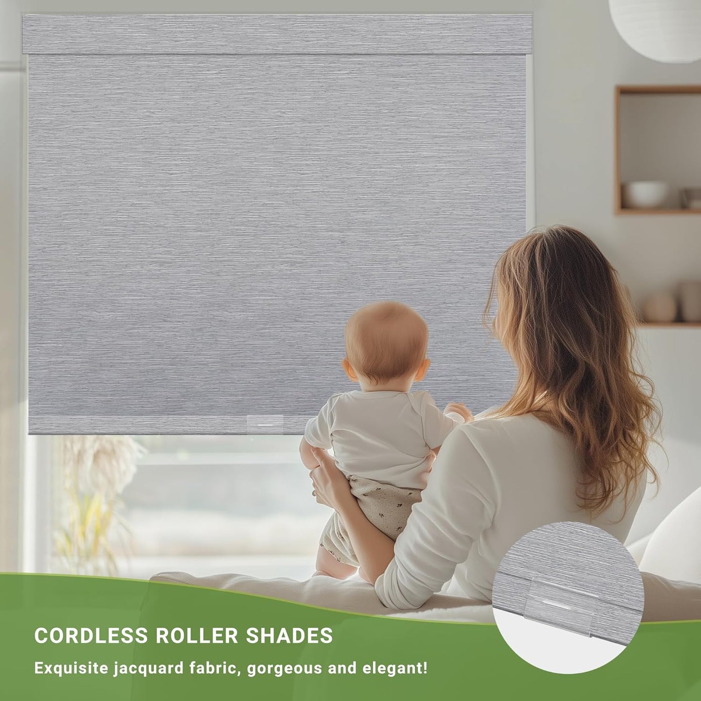 Blackout Roller Shades for Indoor Windows, Cordless Jacquard Fabric-Matched Roller Blinds, Easy to Install Privacy UV Protection Roll Up Blinds for Home Office, Grey, 28" W x 72" H