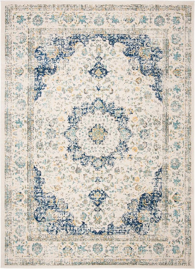 SAFAVIEH Evoke Collection Area Rug - 6'7" x 9', Ivory & Blue, Shabby Chic Oriental Medallion Design, Non-Shedding & Easy to Clean, Ideal for Living Room, Bedroom, Dining Space (EVK220C)