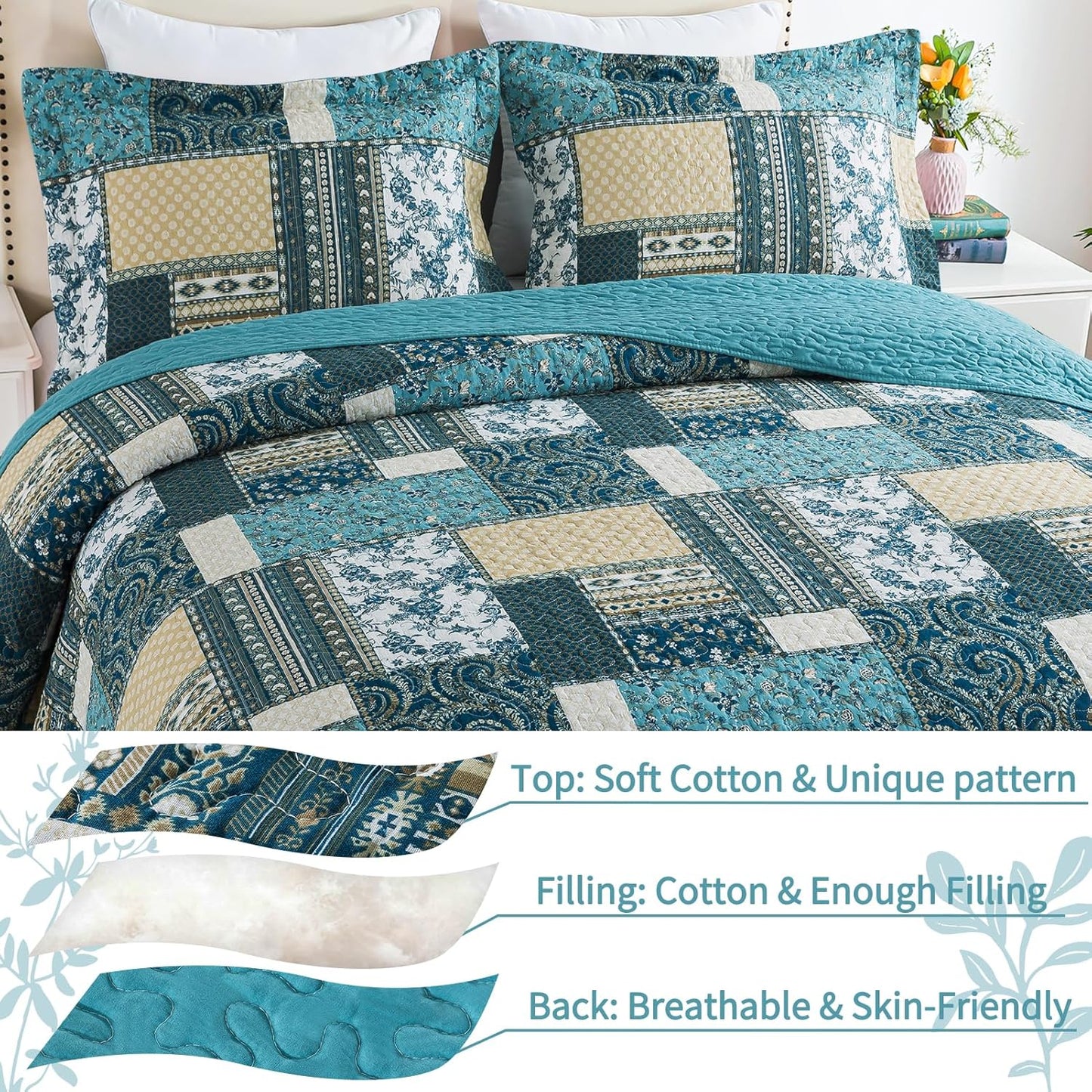 VAPUTAR Quilts King Size - Soft King Quilt Bedding Set with Floral Pattren - 3 Pieces Patchwork Cotton King Bedspreads Set for Farmhouse Bedroom (Dream Blue)