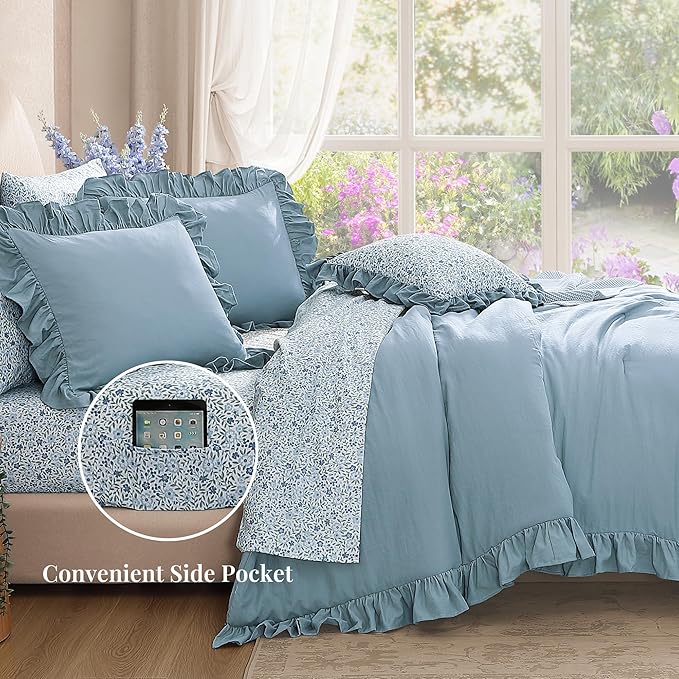 Oversized Queen Comforter Set - 7 Pieces Ruffle Blue Bedding Sets, Shabby Chic Farmhouse Bed in a Bag with Ruffle Comforter, Floral Sheets, Pillowcases & Shams